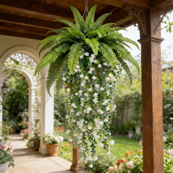 Artificial Hanging Vines Greenery Wall Decor - Persian Leaf Bush & White Camellia Vines, Plastic Green Plants, 70cm, Indoor Outdoor Wedding Arch Décor