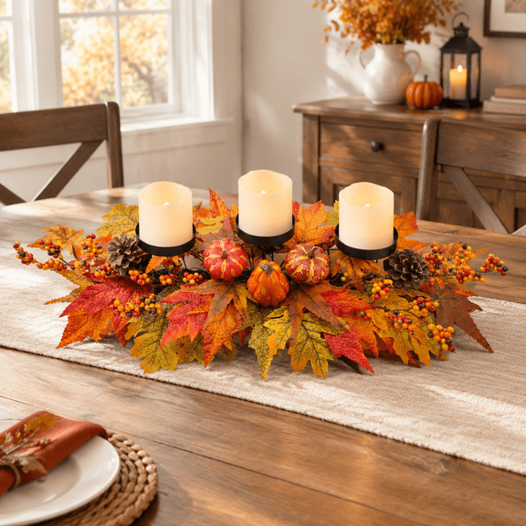 Artificial Harvest Pumpkin Gourd Centerpiece with Candle Holders, Fall Table Decoration