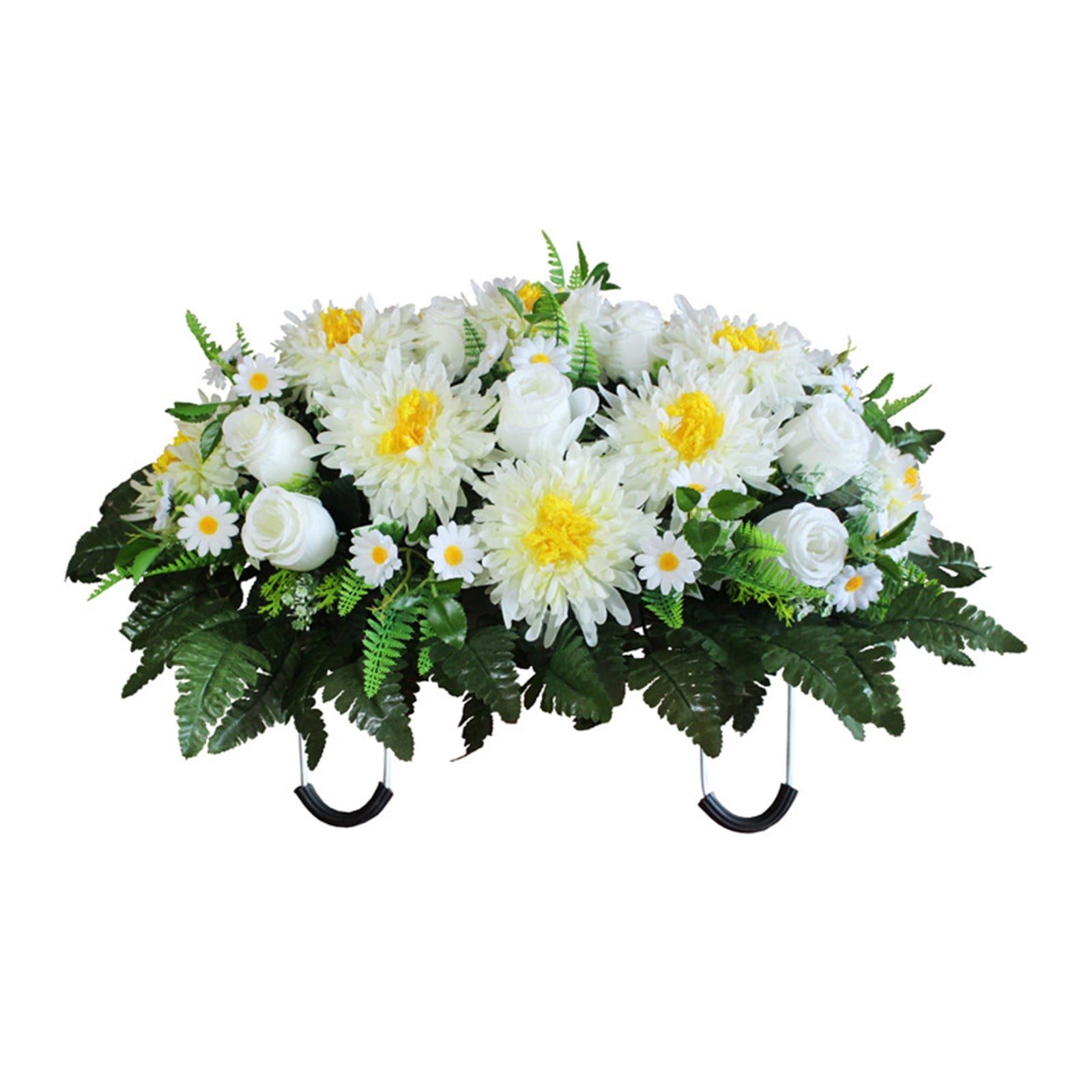 Artificial Headstone Flower Saddle, Realistic Chrysanthemum & Rose Grave Flowers, Funeral Memorial Day Sympathy Tribute Bouquet, Cemetery Decoration for Gravesite and Remembrance, White