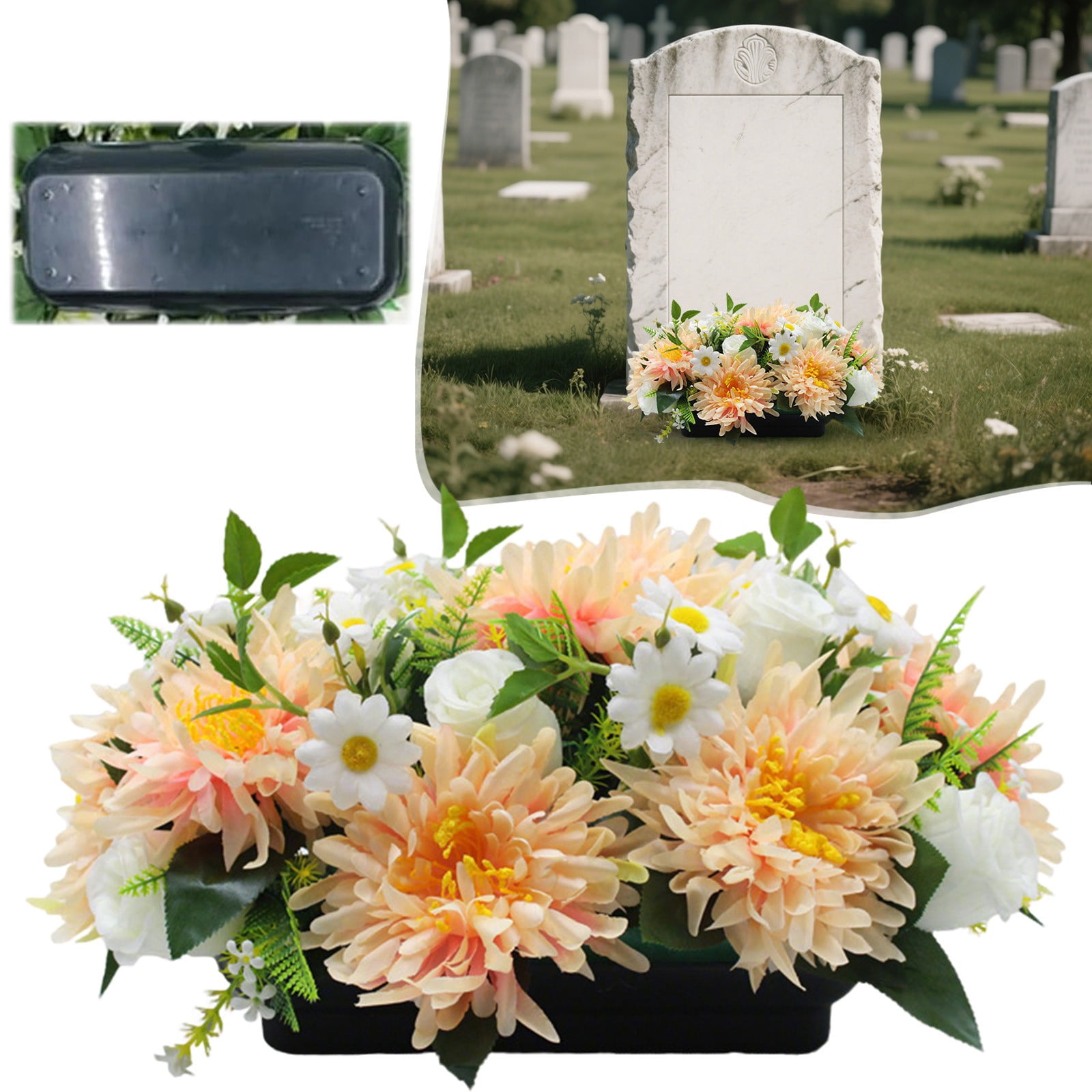 Artificial Headstone Flower Saddle, Realistic Memorial Day Grave Flowers, Funeral Memorial Day Sympathy Tribute Bouquet, Cemetery Decoration for Gravesite, Memorial & Remembrance, Champagne