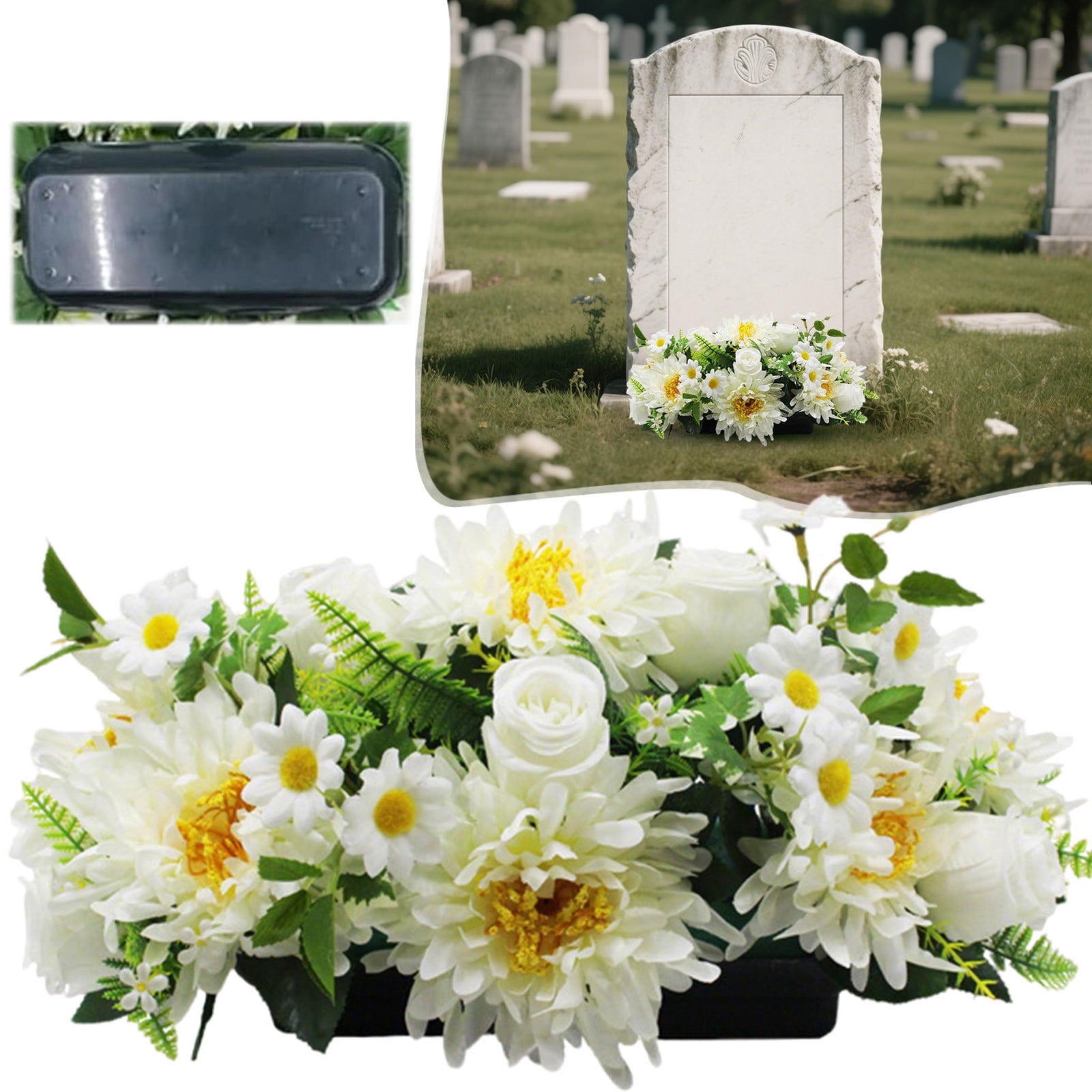 Artificial Headstone Flower Saddle, Realistic Memorial Day Grave Flowers, Funeral Memorial Day Sympathy Tribute Bouquet, Cemetery Decoration for Gravesite, Memorial & Remembrance, White