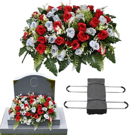 Artificial Headstone Flower Saddle: Red Rose Sunflower Cemetery Flowers for Grave - Outdoor Grave Decorations for Cemetery Saddles for Headstones - Spring Summer Memorial Gift for Loved One