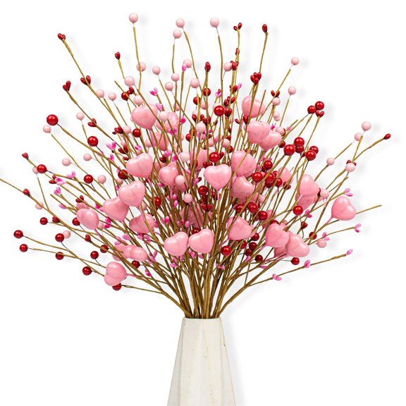 Artificial Heart Shaped Berry Picks for Valentines Day Gifts, Valentines Day Decorations, Red Pink Berries Artificial Flower Stems for Wedding Anniversary Party Decor, 10Pcs