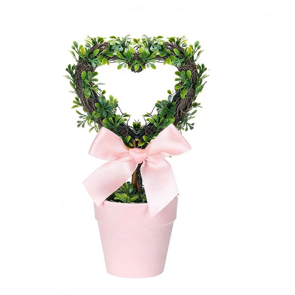 Artificial Heart Shaped Potted Topiary Plant, Pink Bow Accent, Valentine's Day Decor, Small Faux Tree with Pink Pot for Romantic Home Party Table Centerpiece, Valentine's Day Gift for Her 1 Pack