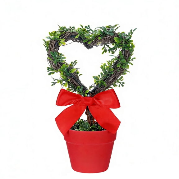 Artificial Heart Topiary Tree, Valentine's Day Decor, 8 Inch Mini Faux Potted Plant with Red Bow, Romantic Indoor Decor for Home, Wedding, Valentine's Party, 1 Count for Desk, Table, Mantel Display