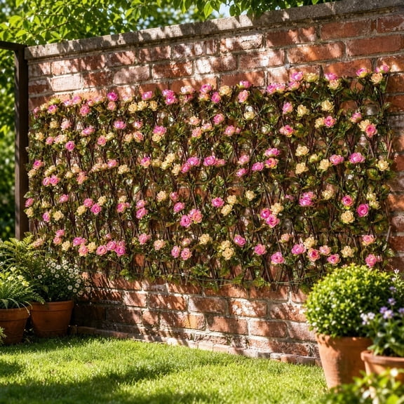 Artificial Hedge Fence Panel 16 Inch, Fake Greenery Wall with Rose Flowers for Balcony Garden, Flexible PVC Privacy Screen for Patio Yard Decor
