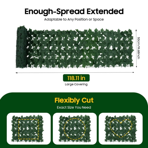 Artificial Hedges Expandable Fence Privacy Screen for Balcony Patio Outdoor, Decorative Faux Ivy Fencing Panel 118x20 in