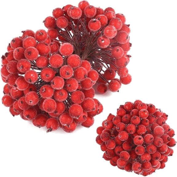 Artificial Holly Berries Wired Stems Tutuviw 400 Pcs Artificial Flowers Frosted Fake Berries Double Head Mini Christmas Fake Cherry Stamen Berries DIY Xmas Party Wreath Decor (Red)