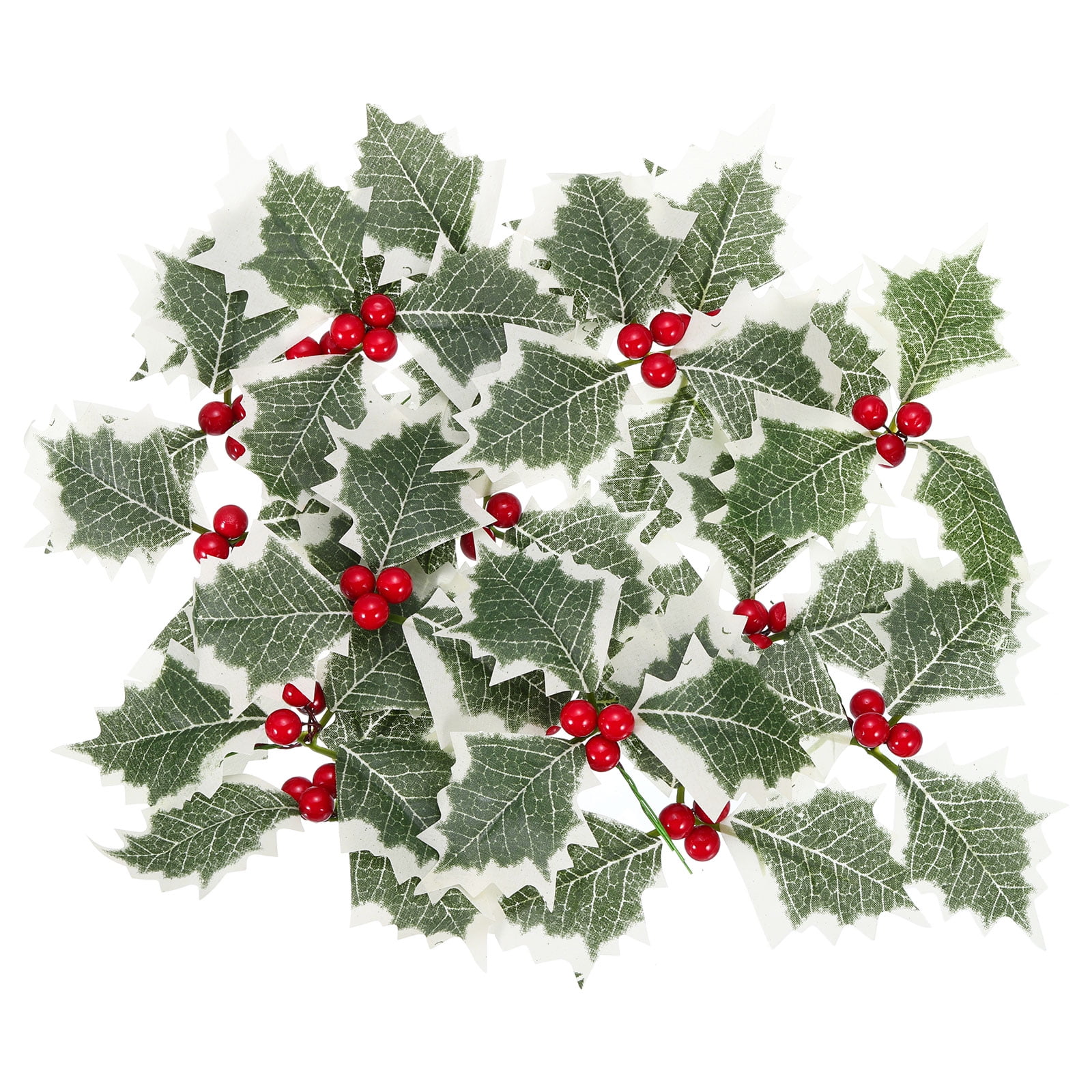 Artificial Holly Berries with Green Leaves, 48 Pack Red Holly Berry Flowers for Christmas Wreath