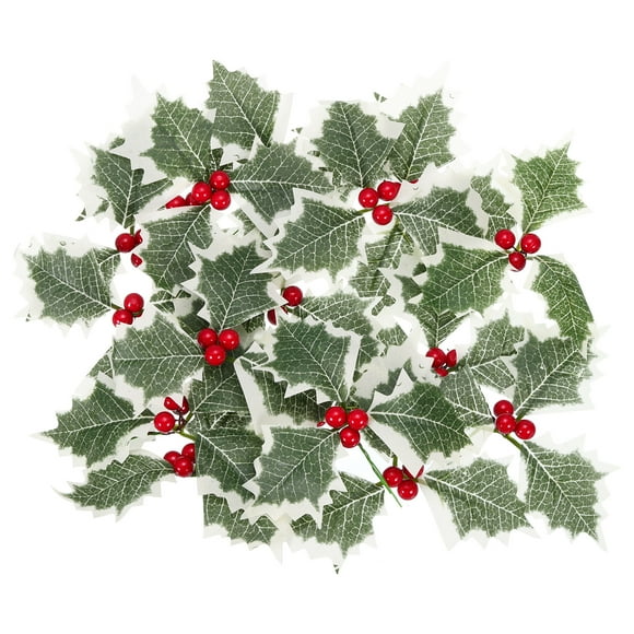 Artificial Holly Berries with Green Leaves, 48 Pack Red Holly Berry Flowers for Christmas Wreath Arrangement