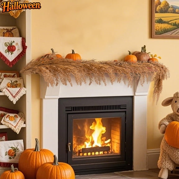 Artificial Horsetail Grass Garland, Dried Look Fall Faux Grass Vine Mantel Swag, Plastic Autumn Hanging Greenery for Fireplace Stair Railing Table Runner Thanksgiving Halloween Indoor Home Decor