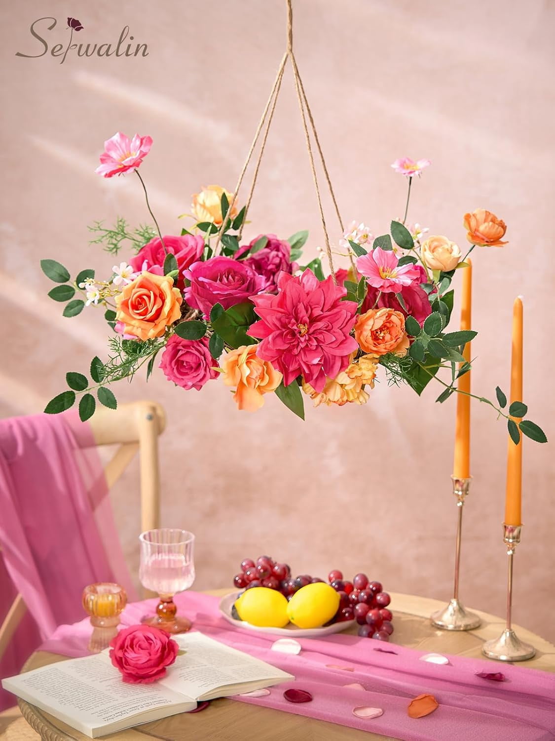 Artificial Hot Pink & Orange Flowers, Magenta Silk Fake Flowers for Wedding Bouquet