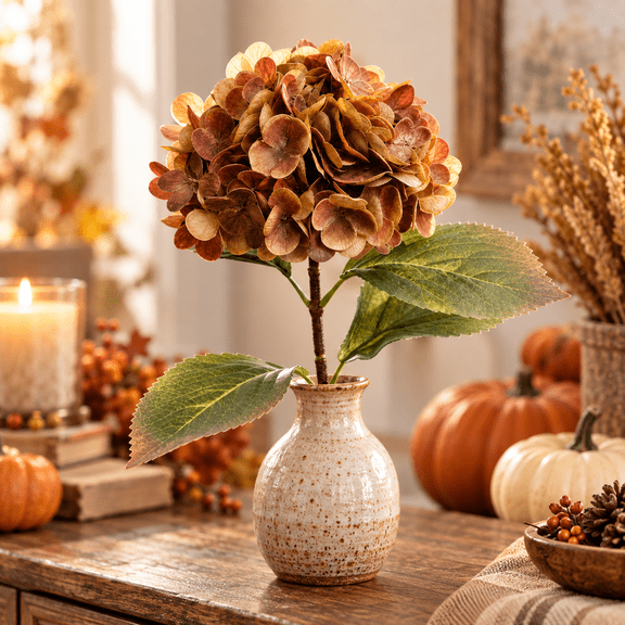 Artificial Hydrangea Bouquet, Brown Faux Dried Flowers with Textured Petals and Leaves for Fall Vase Table Wedding Decor Thanksgiving Decorations 20.47x7.87in