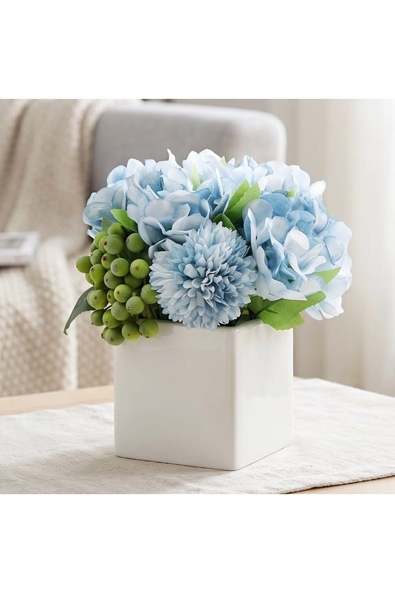 Artificial Hydrangea Bouquet in Ceramic Vase, Silk Fake Flowers Arrangement for Home Decor, Wedding, Office, Table Centerpiece, Party