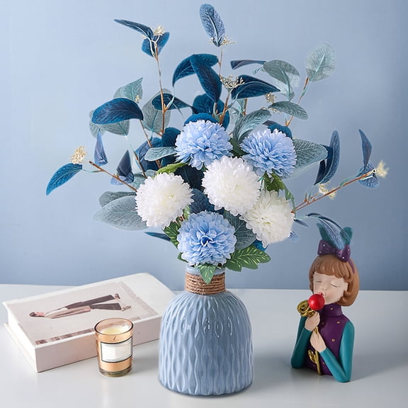 Artificial Hydrangea Bouquet with Ceramic Vase, Blue Faux Flower Arrangement for Home Living Room Table Centerpiece, Wedding Party Decor, 15 Inch
