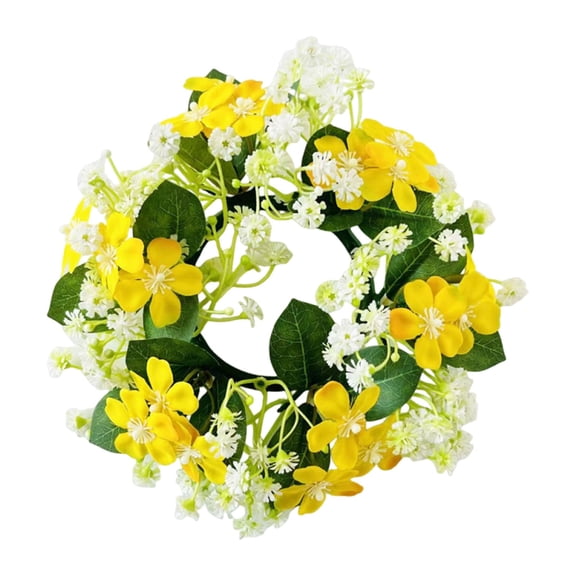 Artificial Hydrangea Candle Rings Wreaths 3.5 inch Center Eucalyptus Leaves Wreaths Small Boho Wreath Pillar Candle Holder for Easter Wedding Home Door Tabletop Decoration, 1Pc(Yellow,3.5x3.5")