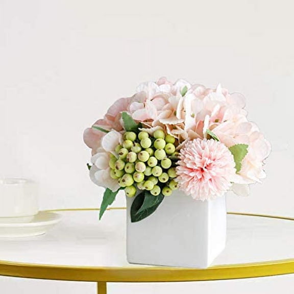 Artificial Hydrangea Flower Arrangement in Ceramic Vase and Vase Home Decoration Artificial Flower (Pink)