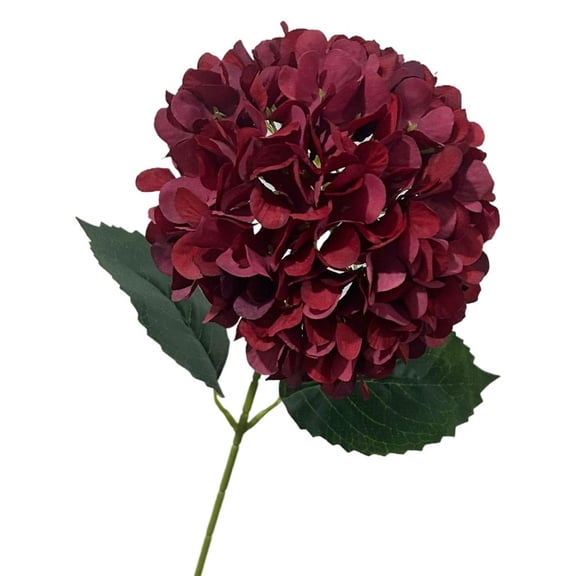 Artificial Hydrangea Flower Stem with Leaves, Burgundy, Leafy Stem, layered botanical details, flexible decorative shape