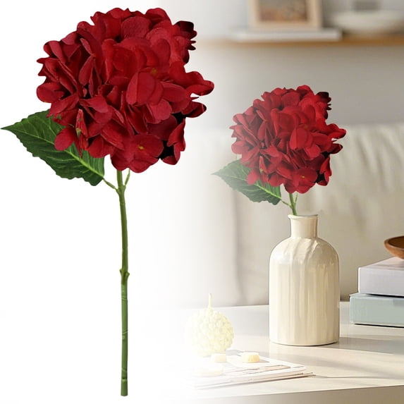 Artificial Hydrangea Flower Stem with Leaves, Red Faux Hydrangea for Home Dining Table Centerpiece, Weddings, Baby Showers and Birthday Parties