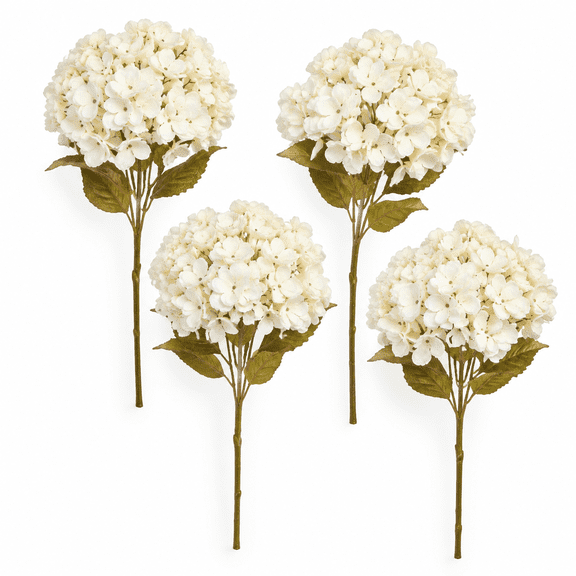 Artificial Hydrangea Flowers, 4 Faux Dried Stems (Cream White)