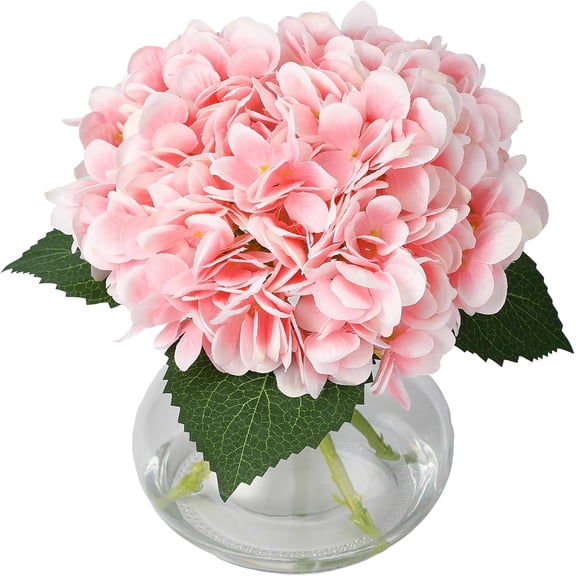 Artificial Hydrangea Flowers with Glass Vase & Fake Water - Faux Hydrangea for Home Table, Wedding Party, Office Decor | Realistic Fake Hydrangeas, Silk Flowers for Vase Arrangement (Hydrangea, pink)