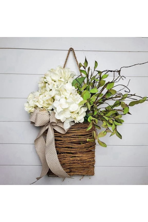 Artificial Hydrangea Rattan Basket Spring Wreath Ribbon Bow Front Door Hanger Home Decoration