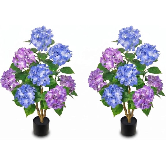 Artificial Hydrangea Tree with Double Color Flower, 3FT Faux Hydrangea Flower Tree with Black Pot, Realistic Flowering Tree for Indoor Outdoor Porch, Patio, Home Decor(Blue/Purple)
