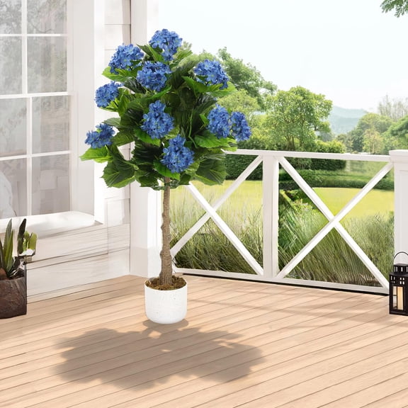 Artificial Hydrangea Tree, Fake Potted Flower Trees with Black Planter, Fake Flower Trees Faux Hydrangea Plant in Pot with 9 Lifelike Flowers, Fake Silk Plant with Realistic Trunk