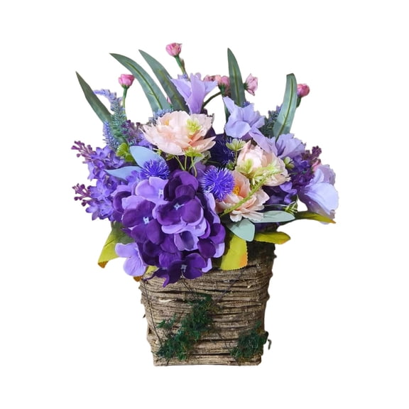 Artificial Hydrangea Wreath, QIDESHIP Wildflower Hanging Wreath, Wildflowers Hanging Basket Wreath 15.7Inch Artificial White Hydrangea Spring Summer for Front Door Wall Bucket Rustic Wedding Purple