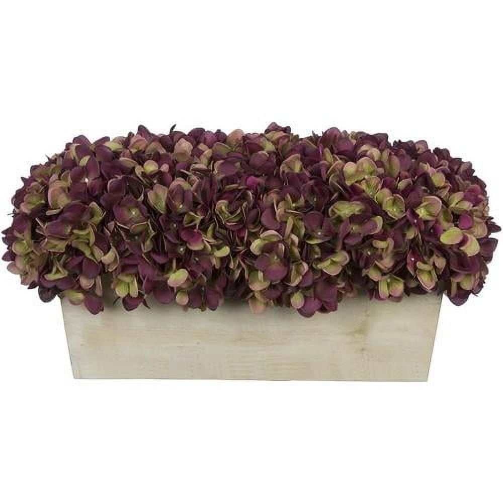 Rustic Plum Sage Hydrangeas in White-Washed Wood Ledge Centerpiece