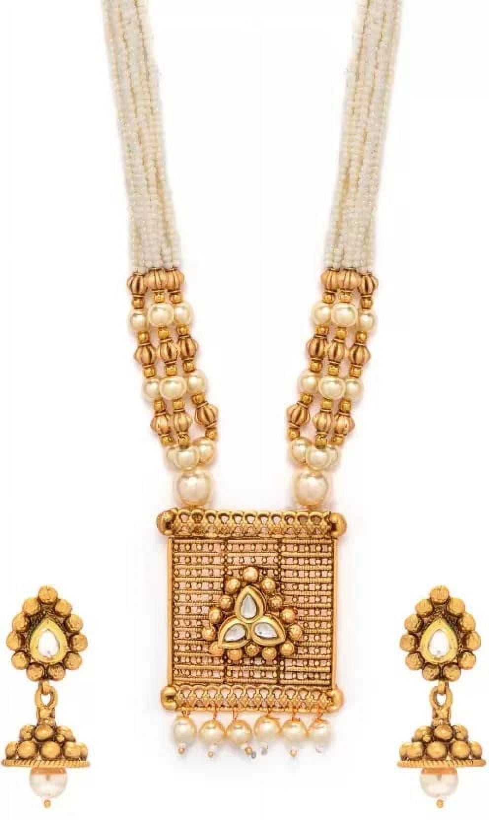 Artificial Imitation Elegant Jewellery Set Traditional Stylish Ethnic Wear Gold Plated Pearl Stone Beaded Necklace set Earrings SMTPNE6830M9254E0Gld