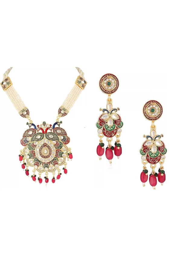 Artificial Imitation Jadau Jewellery Elegant Stylish Traditional Ethnic Wear Pearl Beaded Rajputana Necklace Rani Haar EarringCpy