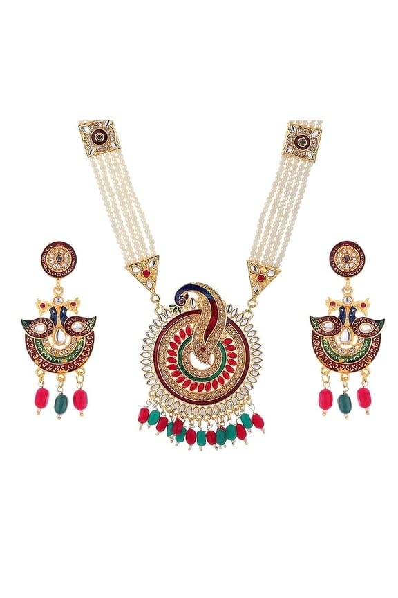 Artificial Imitation Jadau Jewellery Elegant Stylish Traditional Party & Casual Wear Pearl Beaded Rajputana Long Necklace Rani Haar with Earring Set (BJLH BDD)