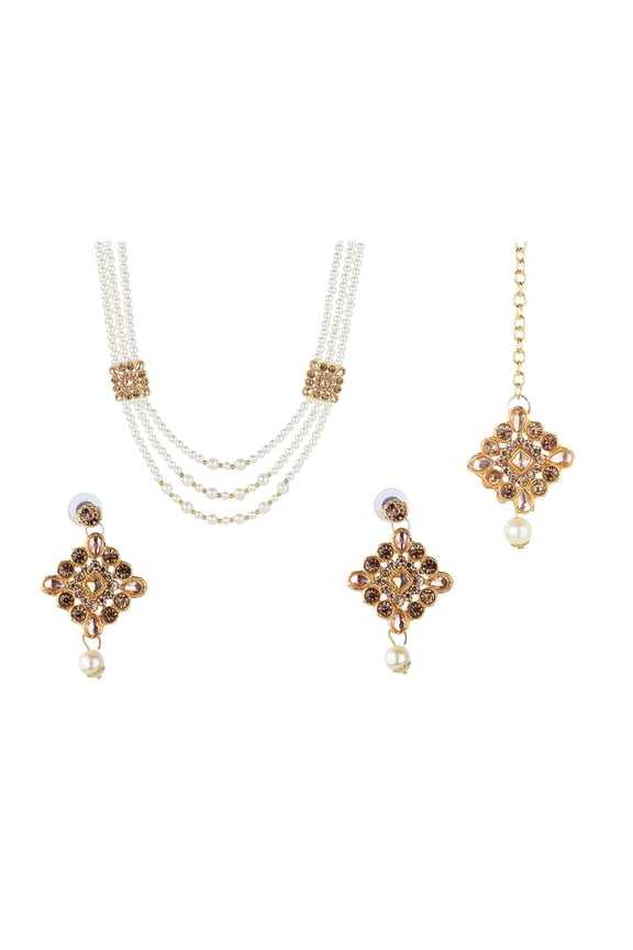 Artificial Imitation Jewellery Antique Traditional Style Ethnic Wear Gold Plated Short Rani Haar Necklace set Maang Tikka Earring(NRA9988B0SHRL3Whtcpy2)