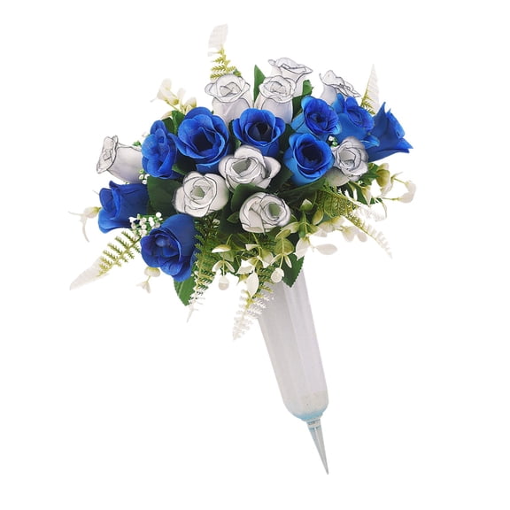 Artificial Imitation Roses with Bucket, Outdoor Memorial Flowers for Cemetery Mausoleum Decoration, No Fade Faux Bouquet for Graves, One Bunch of Artificial Flowers, with Bucket