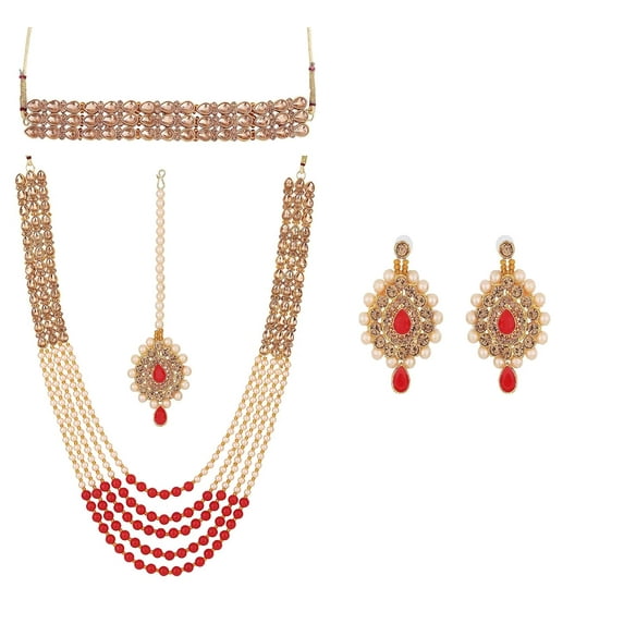 Artificial Imitation Traditional Rajasthani Rajwadi Rajputana Style Gold Plated Kundan Pearl Long Rani Haar Choker Necklace Jewelley Set Maang Tikka Earring(RHNITI)