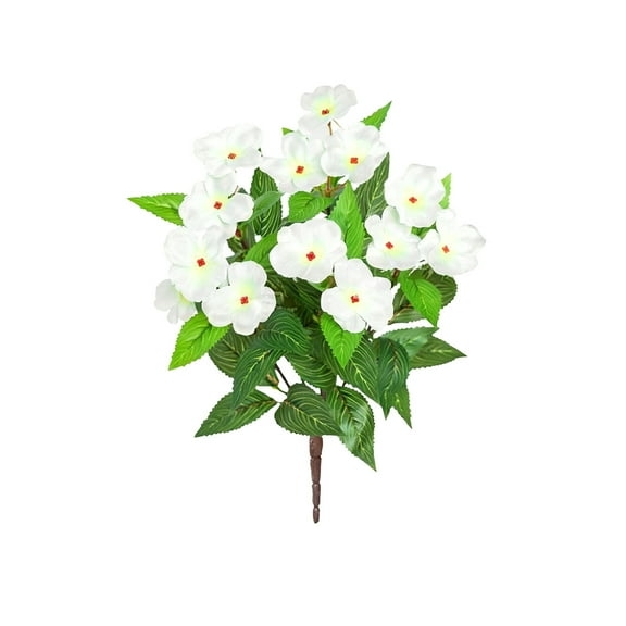 Artificial Impatiens Bouquet Flowers 5 Heads Silk Faux Flowers Pick for Indoor Outdoor Plants Decor Kitchen Planters and Balcony Decorations (White)