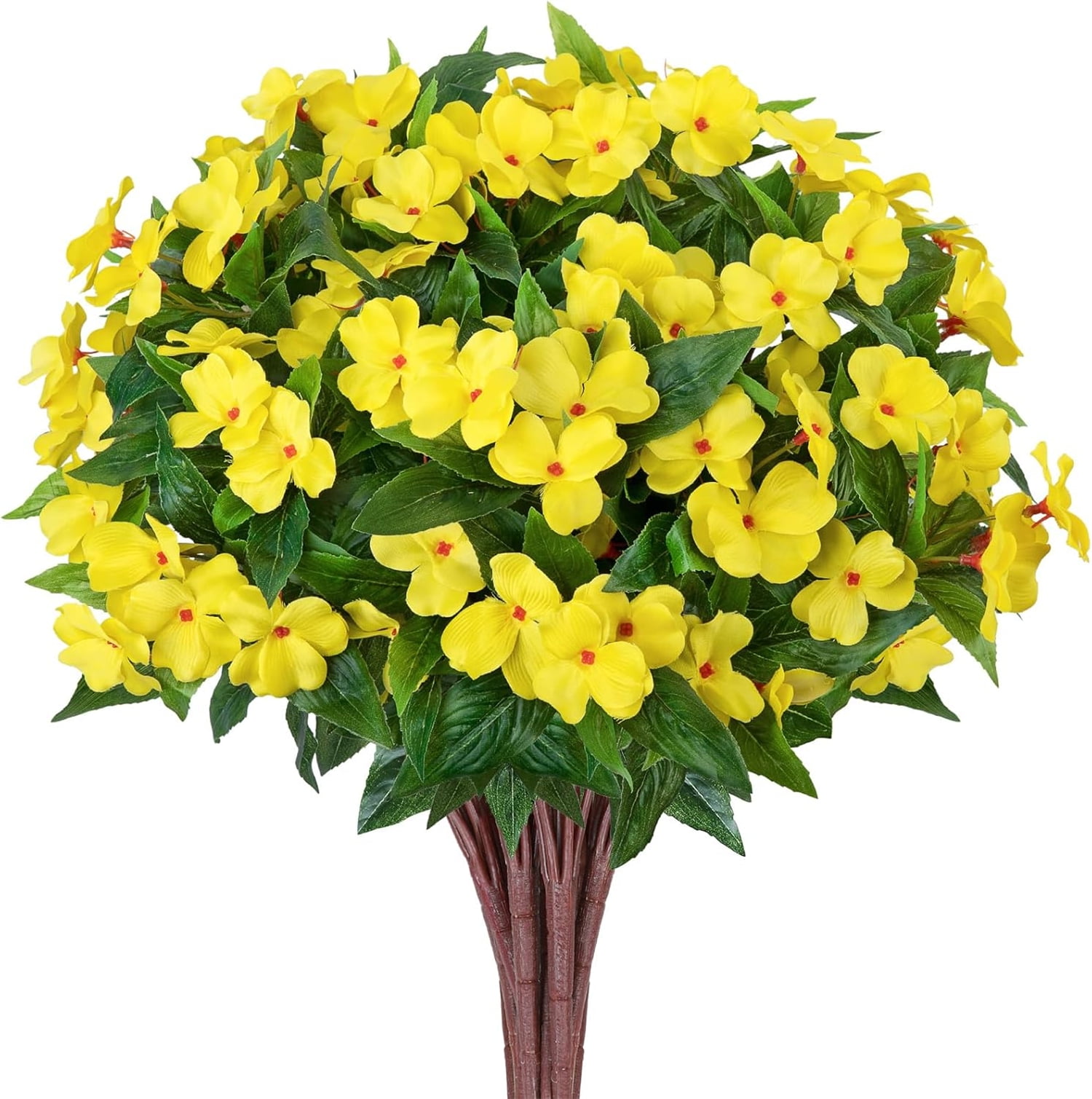 Artificial Impatiens Flowers 4 Pcs 7 Branches Faux Impatiens Bushes Silk Impatiens Bouquet Faux Flower Outdoor UV Resistant Fake Plants for Patio Lawn Garden Pot Hanging Basket Porch Decor,Yellow