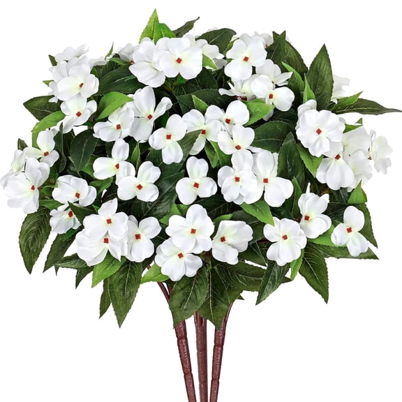Artificial Impatiens Flowers 4 Pcs Silk Impatiens Flower White Faux Greenery Fake Flowers Bushes for Hanging Basket Porch Office Wedding Decor,16 inch,HYG