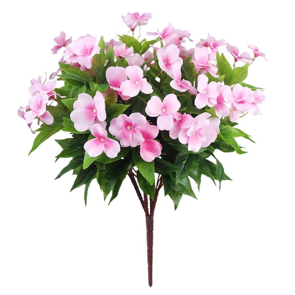 Artificial Impatiens Flowers, Set of 5 Realistic Outdoor Artificial Plants for Garden, Porch, Patio, and Balcony Decor, No Maintenance Spring Summer Decorations