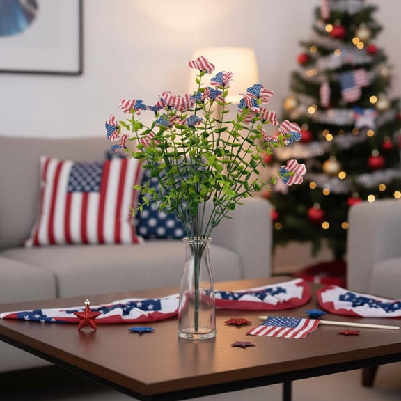 Artificial Independence Day Flower Bouquet, 13.78 Inch Silk Violets in Red White Blue, Patriotic Faux Flower Arrangement for 4th of July Decor, 10pcs
