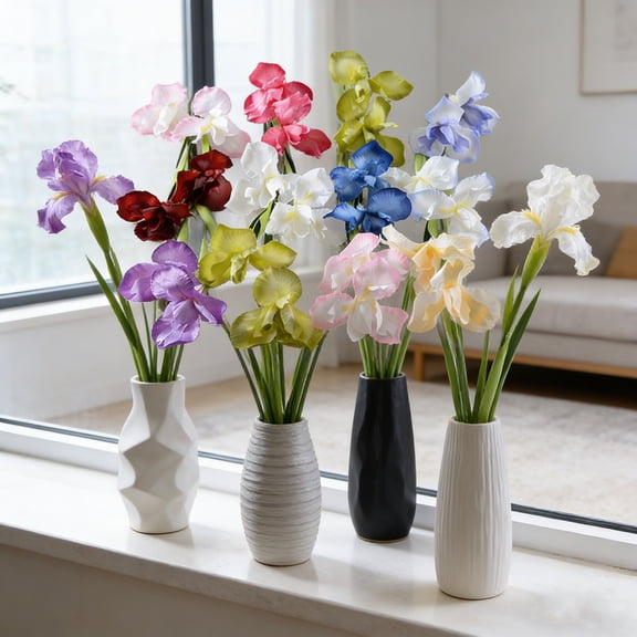 Artificial Iris Flower 2 Heads Faux Silk Flower Bouquet Long Stem Fake Iris Flowers for Floral Arrangements Table Centerpiece Party Wedding Decor