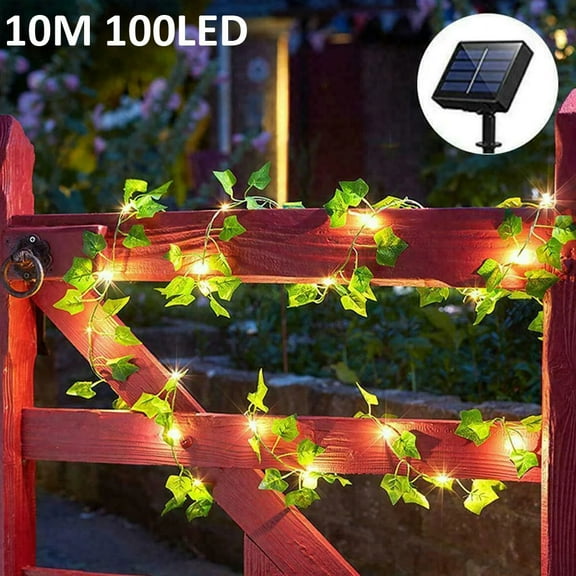 Artificial Ivy Garland Fake Green Leaf String Lights, Solar Powered Vine Hanging Garland with Warm White String Light, Fairy Hanging for Home Kitchen Garden Office Party Wedding Wall Décor-2M 20LED