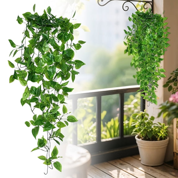 Artificial Ivy Garland, Ongmies Small Fake Hanging Plant, Artificial Potted Plant Faux Ivy Vine Plant Hanging Plant Pothos for Shelf Home Office Indoor Outdoor Garden Greenery Decor