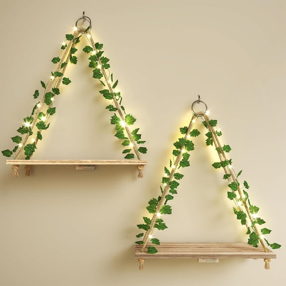 Artificial Ivy LED-Strip Floating Shelves Set of 2, Macrame Hanging Shelves Plant Wall Decor, Rustic Boho Wood Wall Storage Shelves for Bedroom, Living Room, Bathroom Decor (Rustic Brown)