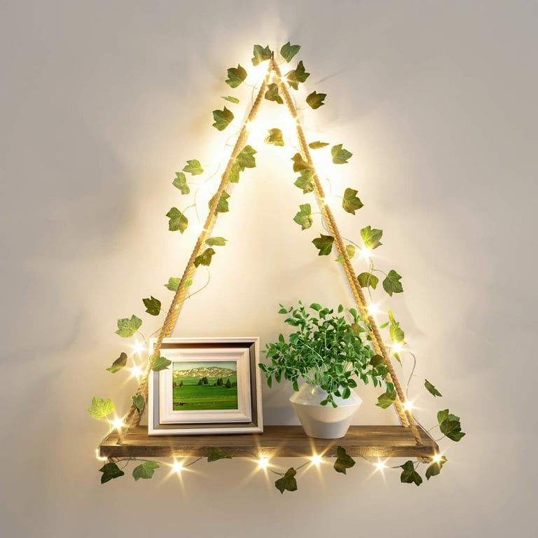 Artificial top Ivy LED-Strip Wall Hanging Shelves Set of 2, Hanging Plant Shelf