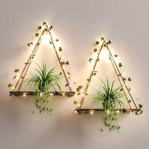 Artificial Ivy LED-Strip Wall Hanging Shelves Set of 2, Macrame Shelf No Drilling for Bedroom Living Room Kitchen, Wood Hanging Plant Shelves for Wall Décor, Christmas Decorations