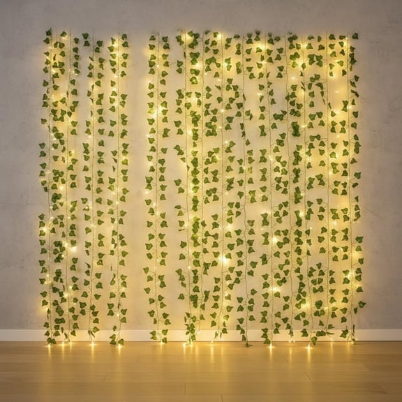 Artificial Ivy Leaf Plants Vine with LED String Light, Green Vines Garland for Home Kitchen Office Wedding Wall Dcor