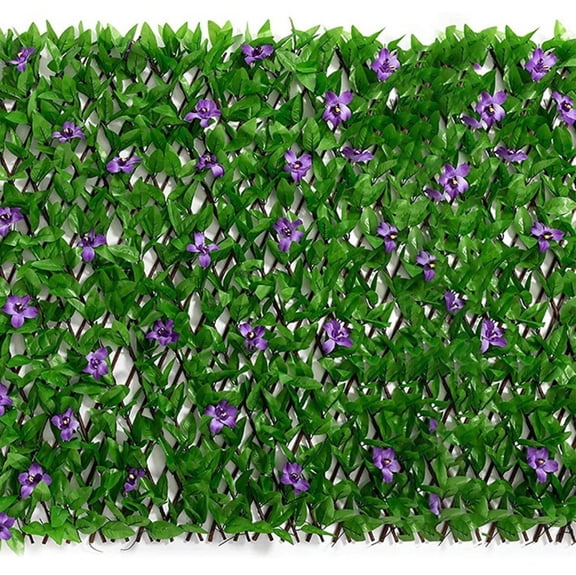 Artificial Ivy Leaf Retractable Fence with Purple Orchids, 120cm Wooden Frame Faux Greenery Privacy Hedge Screen, Realistic Decor for Garden Backyard Balcony Outdoor Use
