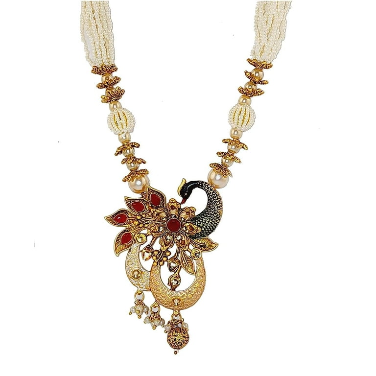 Artificial Jewellery Rajwada Rajasthani Traditional Copper Brass Gold Studded Pearl Beaded Meenakari Peacock Style Necklace Set